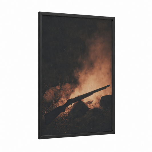 Campfire Hunting framed art print — black wood frame — black and russet palette