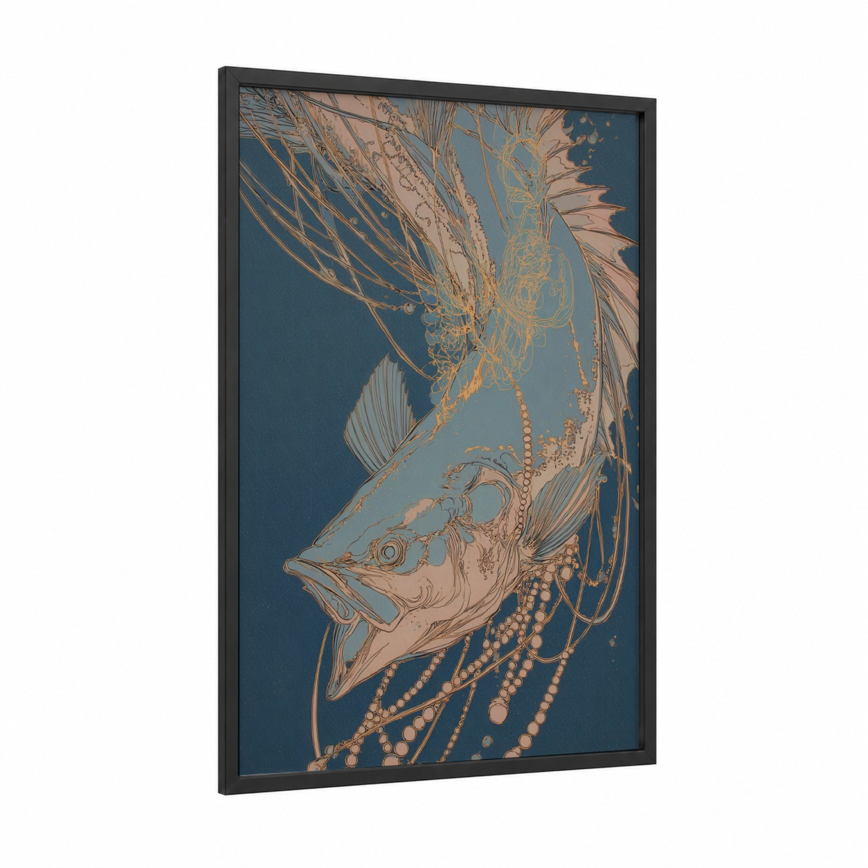 Golden Sailfish framed art print — black wood frame — gold and teal palette