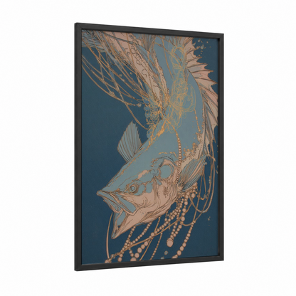 Golden Sailfish framed art print — black wood frame — gold and teal palette