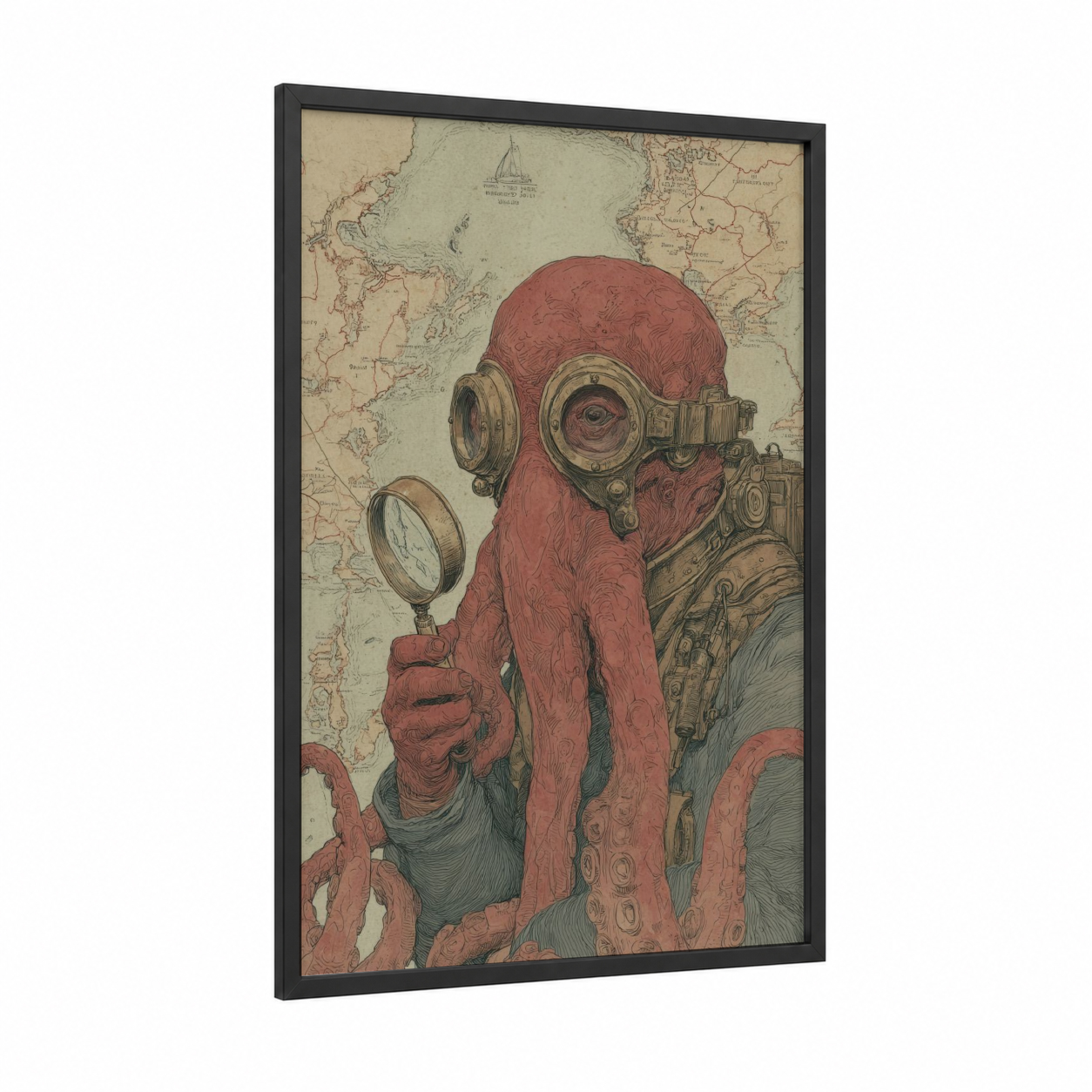 Steampunk Octopus framed art print — black wood frame — maroon and brown palette