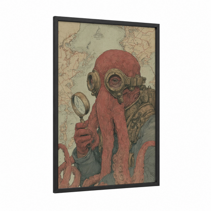 Steampunk Octopus framed art print — black wood frame — maroon and brown palette