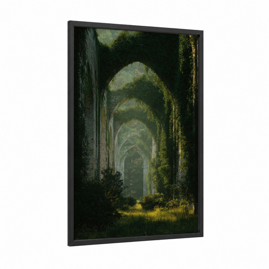 Overgrown Monastery framed art print — black wood frame — dark green and olive palette