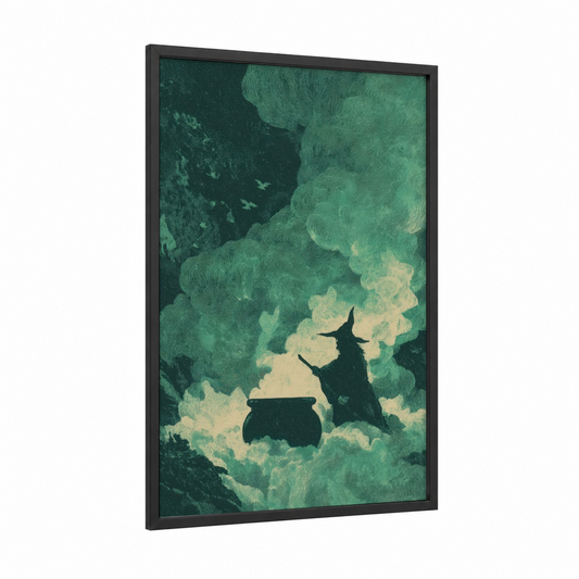 Mystic Witch Cauldron framed halloween print — black wood frame — dark green and light green palette