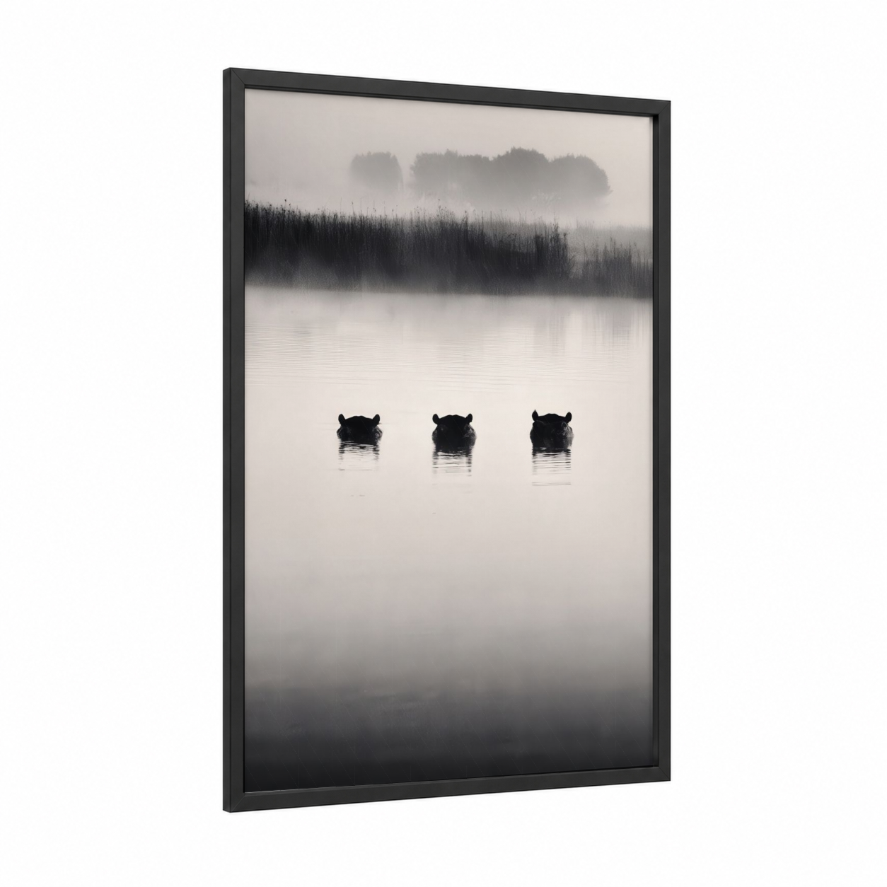Misty Hippo Trio framed art print — black wood frame — black and white and dove gray palette