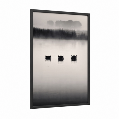 Misty Hippo Trio framed art print — black wood frame — black and white and dove gray palette