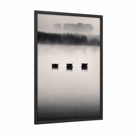 Misty Hippo Trio framed art print — black wood frame — black and white and dove gray palette