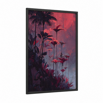 Crimson Jungle Bloom framed tropical trees print — black wood frame — magenta palette