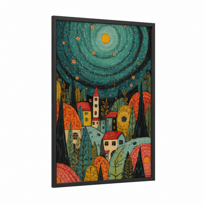 Starlit Village Night framed northern lights print — black wood frame — teal and orange palette