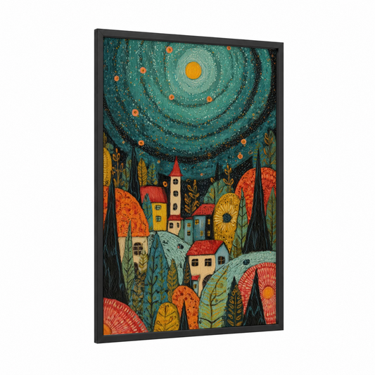 Starlit Village Night framed northern lights print — black wood frame — teal and orange palette