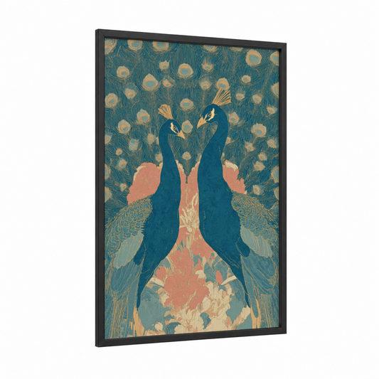 Peacock Pair Valentine framed valentine's day print — black wood frame — teal and gold palette