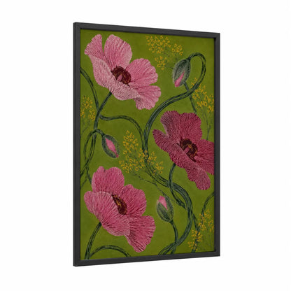 Pink Poppies on Olive Wall Art framed art print — black wood frame — olive and salmon pink palette