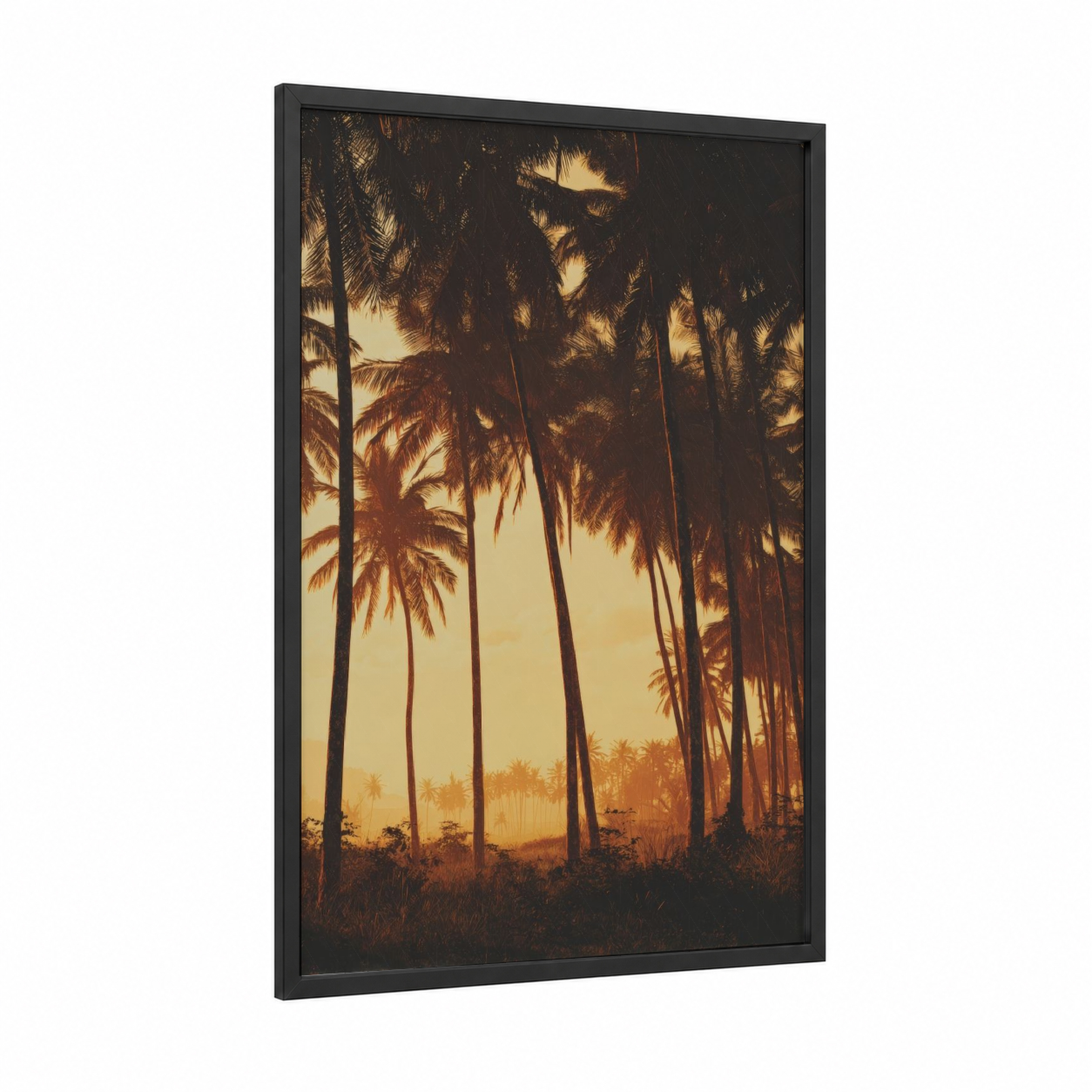 Golden Palm Forest framed art print — black wood frame — gold and black palette