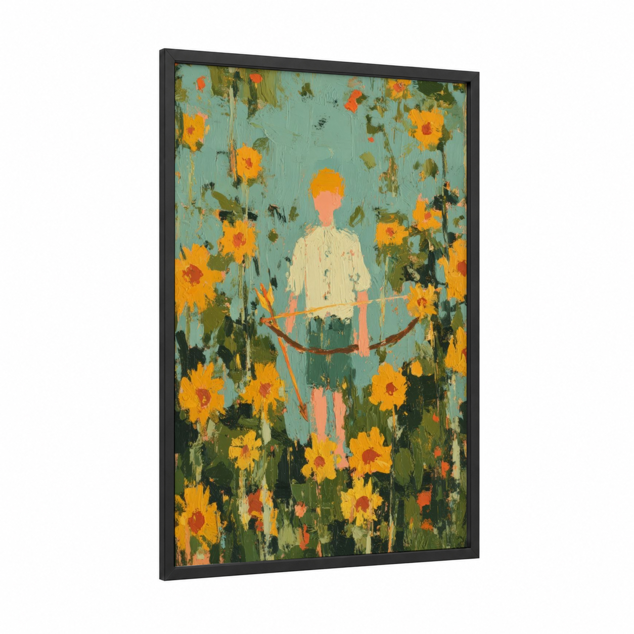 Sunflower Archer framed archery print — black wood frame — gold and teal palette