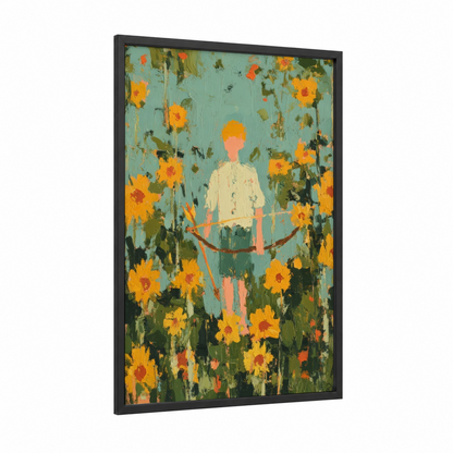 Sunflower Archer framed archery print — black wood frame — gold and teal palette