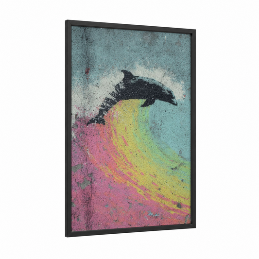 Rainbow Dolphin framed dolphins print — black wood frame — blue and pink palette