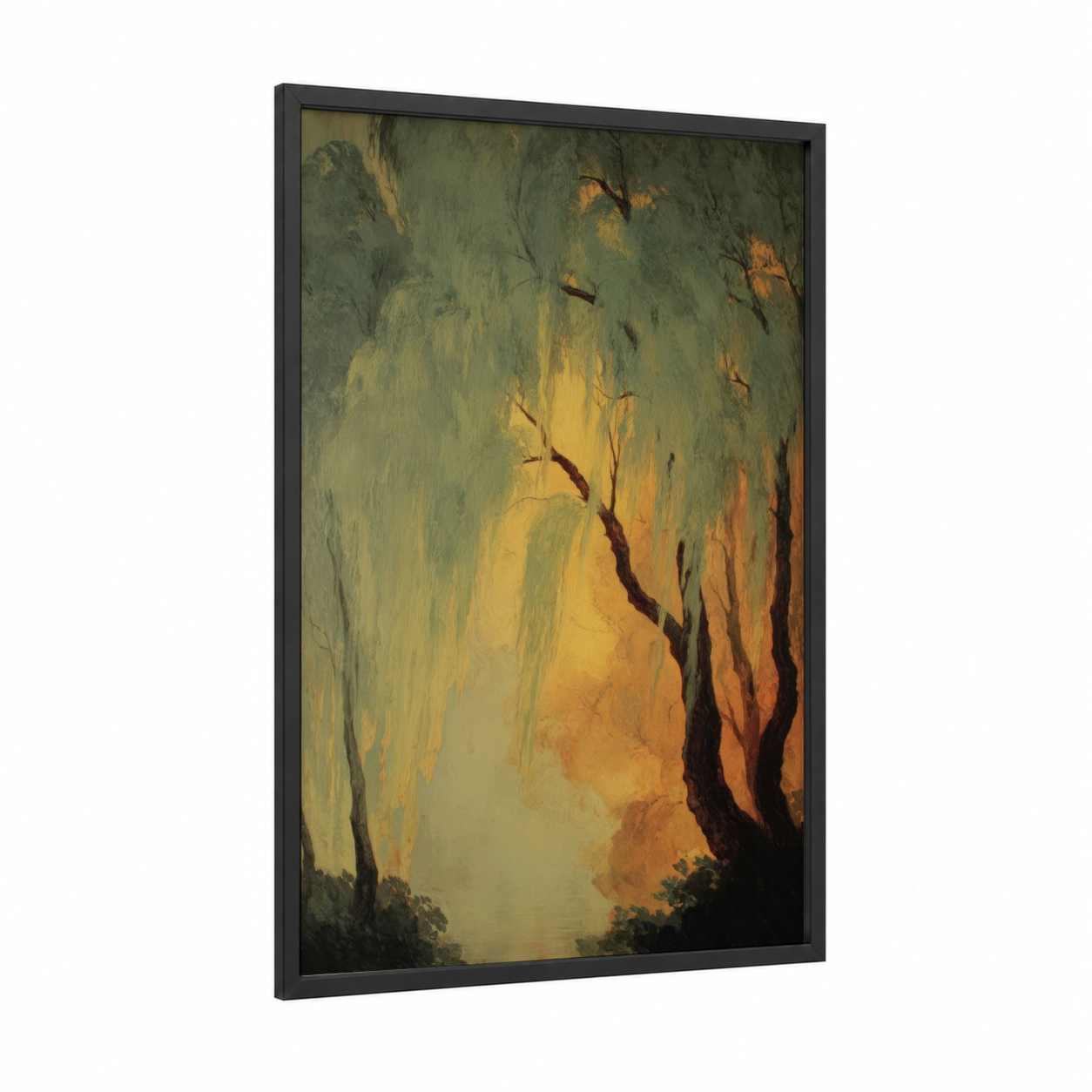 Golden Willow Light framed willow forest print — black wood frame — gold and green palette