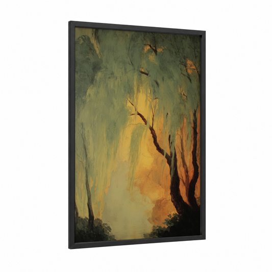 Golden Willow Light framed willow forest print — black wood frame — gold and green palette