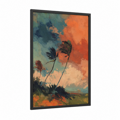 Windswept Storm framed art print — black wood frame — orange and teal palette