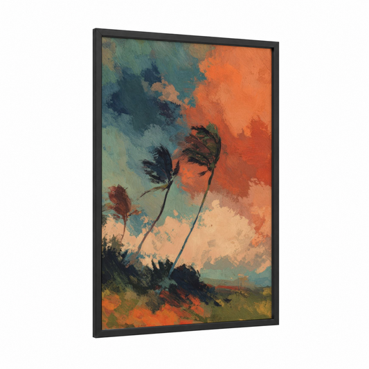 Windswept Storm framed art print — black wood frame — orange and teal palette