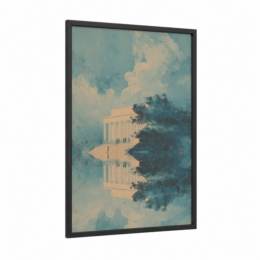 Ethereal Memorial framed lincoln memorial print — black wood frame — blue and white and peach palette