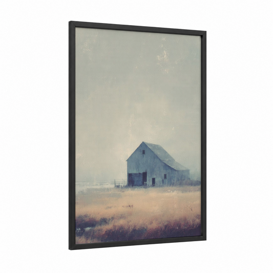 Misty Barn framed art print — black wood frame — dove gray and peach palette
