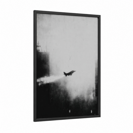 Stormy Skies Fighter framed military plane print — black wood frame — black and white and gray palette