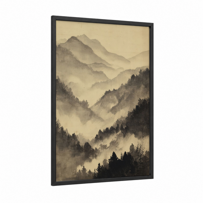 Misty Canyon framed art print — black wood frame — beige and gray palette