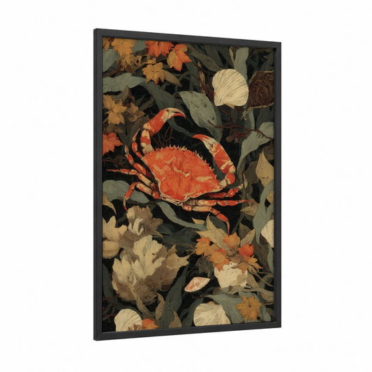 Autumn Crab Garden framed seafood print — black wood frame — orange and green palette