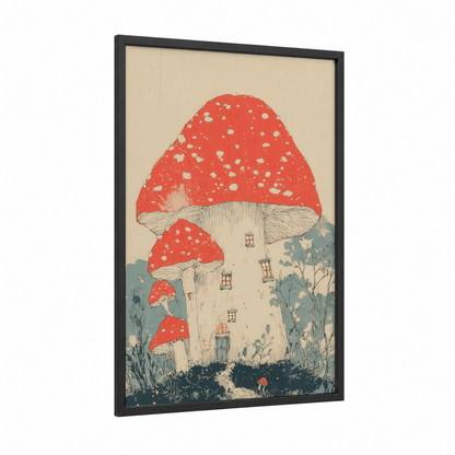 Mushroom Tower framed dome print — black wood frame — cream and russet palette