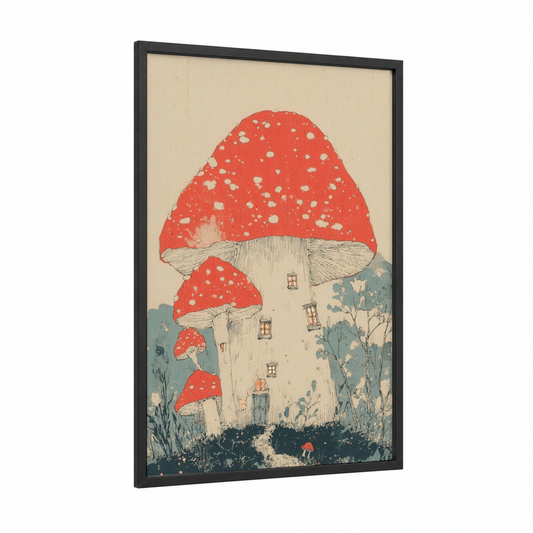 Mushroom Tower framed dome print — black wood frame — cream and russet palette