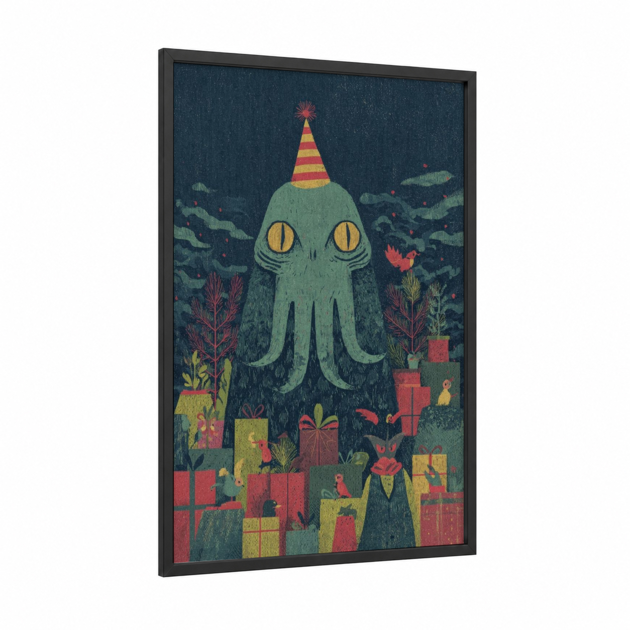 Party Cthulhu framed art print — black wood frame — dark blue and orange palette