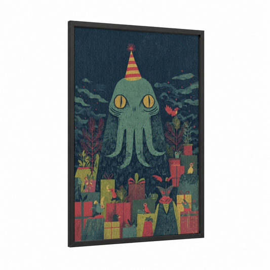 Party Cthulhu framed art print — black wood frame — dark blue and orange palette