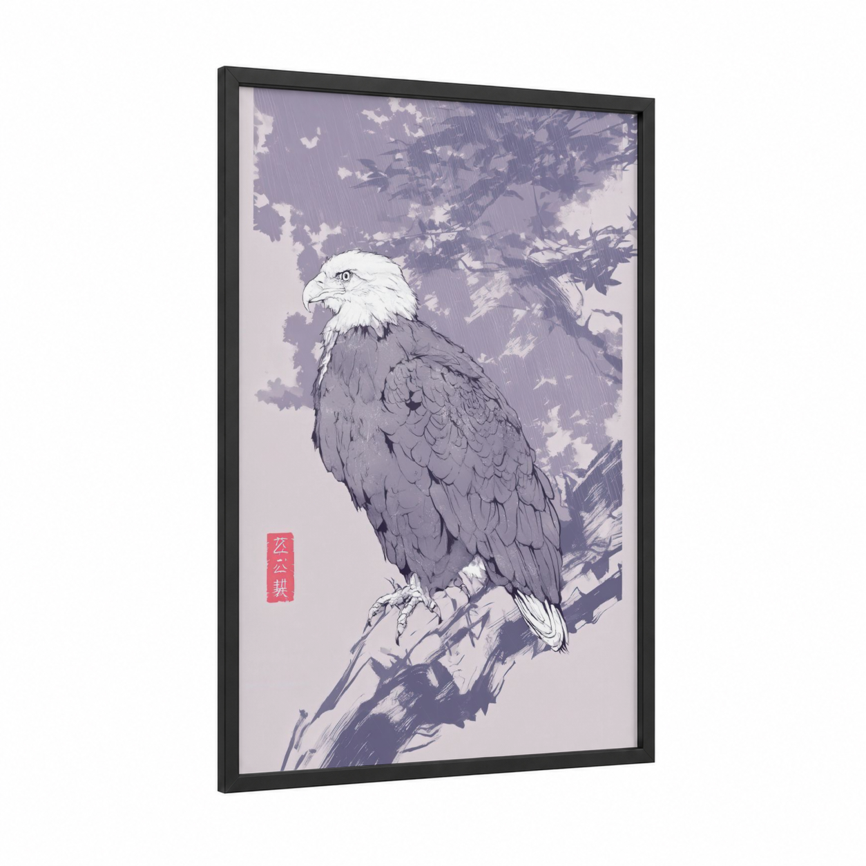 Majestic Eagle framed art print — black wood frame — lavender and gray palette