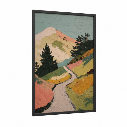 Alpine Tapestry framed alps print — black wood frame — blue and gold palette