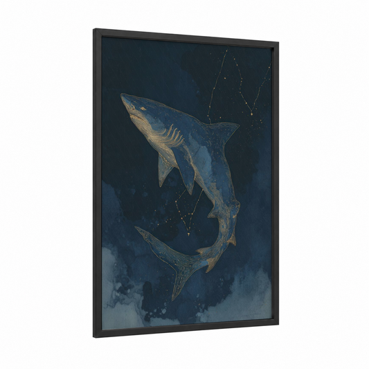 Celestial Lemon Shark framed art print — black wood frame — dark blue and gold palette