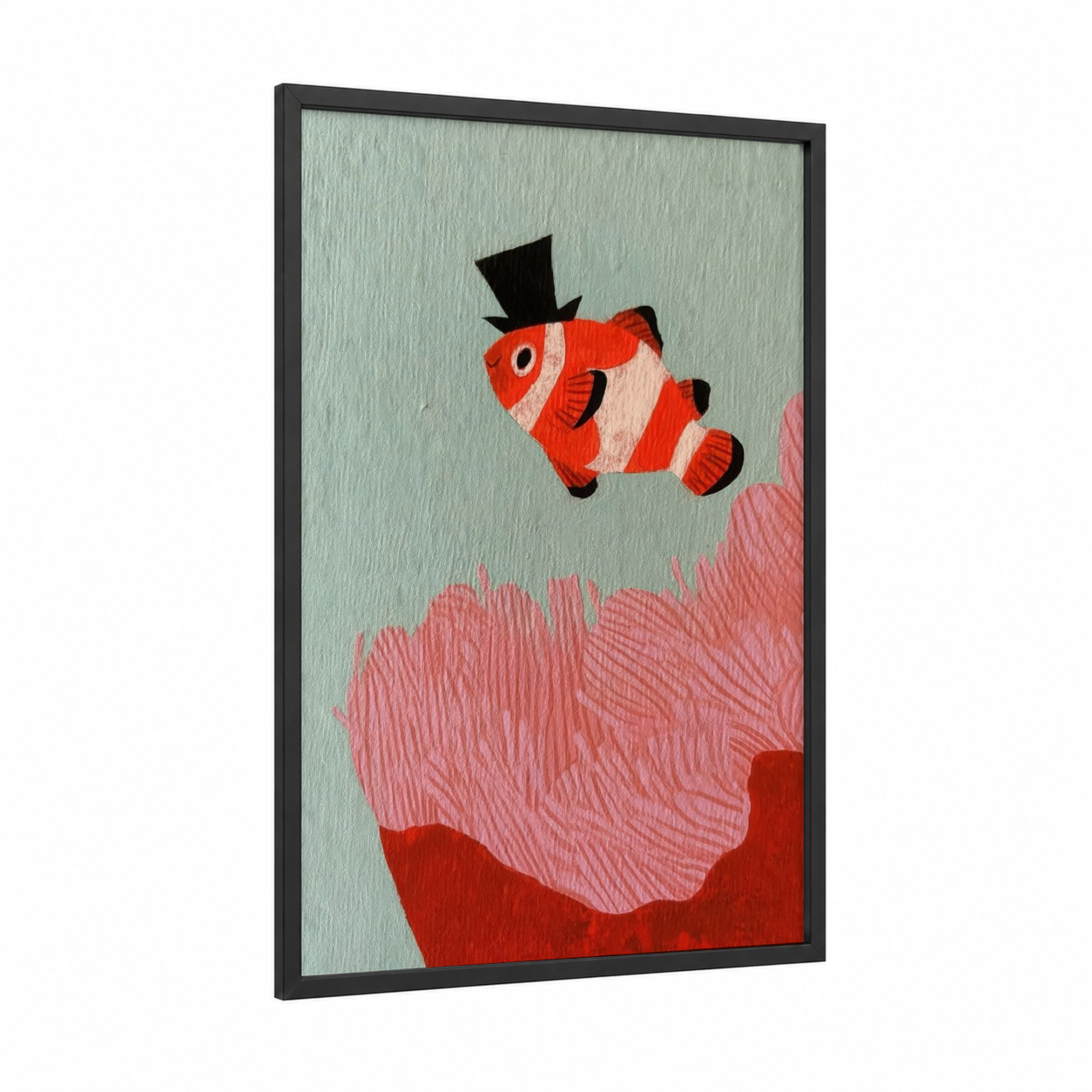 Fancy Clownfish framed clown fish print — black wood frame — red and light green palette