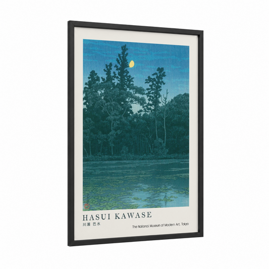 Moonlit Lake Forest framed lakes print — black wood frame — teal and dark green palette