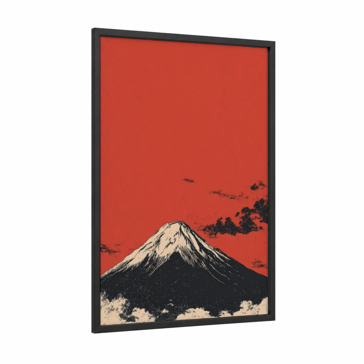 Crimson Volcano framed art print — black wood frame — red and black and white palette