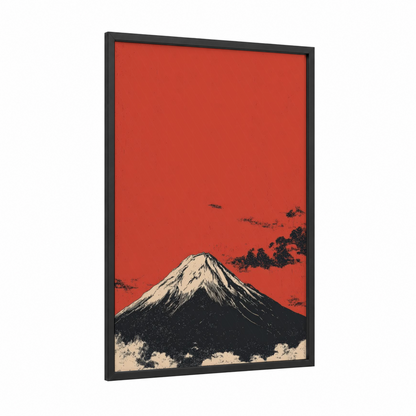 Crimson Volcano framed art print — black wood frame — red and black and white palette