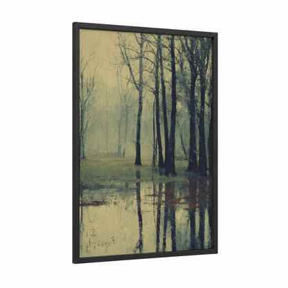 Misty Oak Forest framed art print — black wood frame — cream and sage green palette