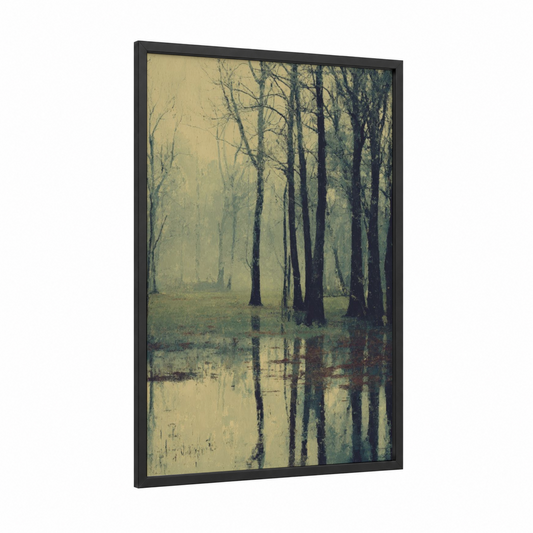 Misty Oak Forest framed art print — black wood frame — cream and sage green palette