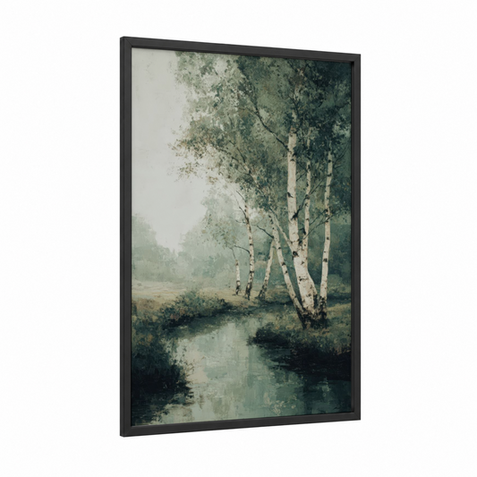 Misty Birch Grove framed birch tree print — black wood frame — light green and gray palette