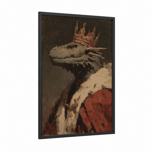 Crowned Dragon framed art print — black wood frame — cream and maroon palette