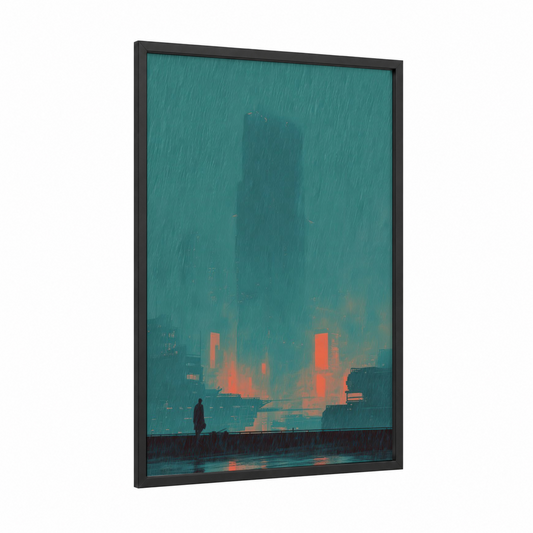 Rainy Metropolis framed skyscraper print — black wood frame — teal and orange palette