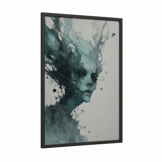 Ethereal Zombie framed art print — black wood frame — dark blue and white palette