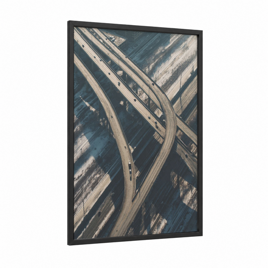 Aerial Highway Interchange framed road and highways print — black wood frame — gray and white and dove gray palette