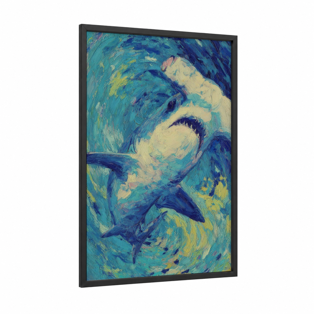 Swirling Hammerhead framed hammerhead shark print — black wood frame — teal and blue palette
