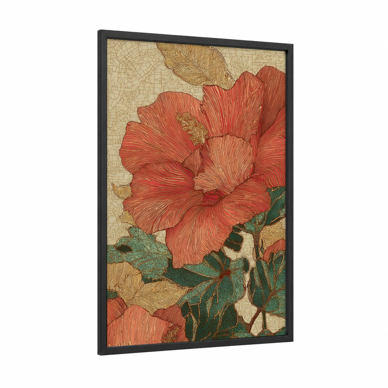 Crimson Hibiscus framed art print — black wood frame — red and teal palette