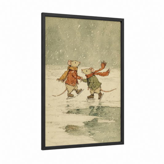 Ice-Skating Mice framed art print — black wood frame — cream and sage green palette