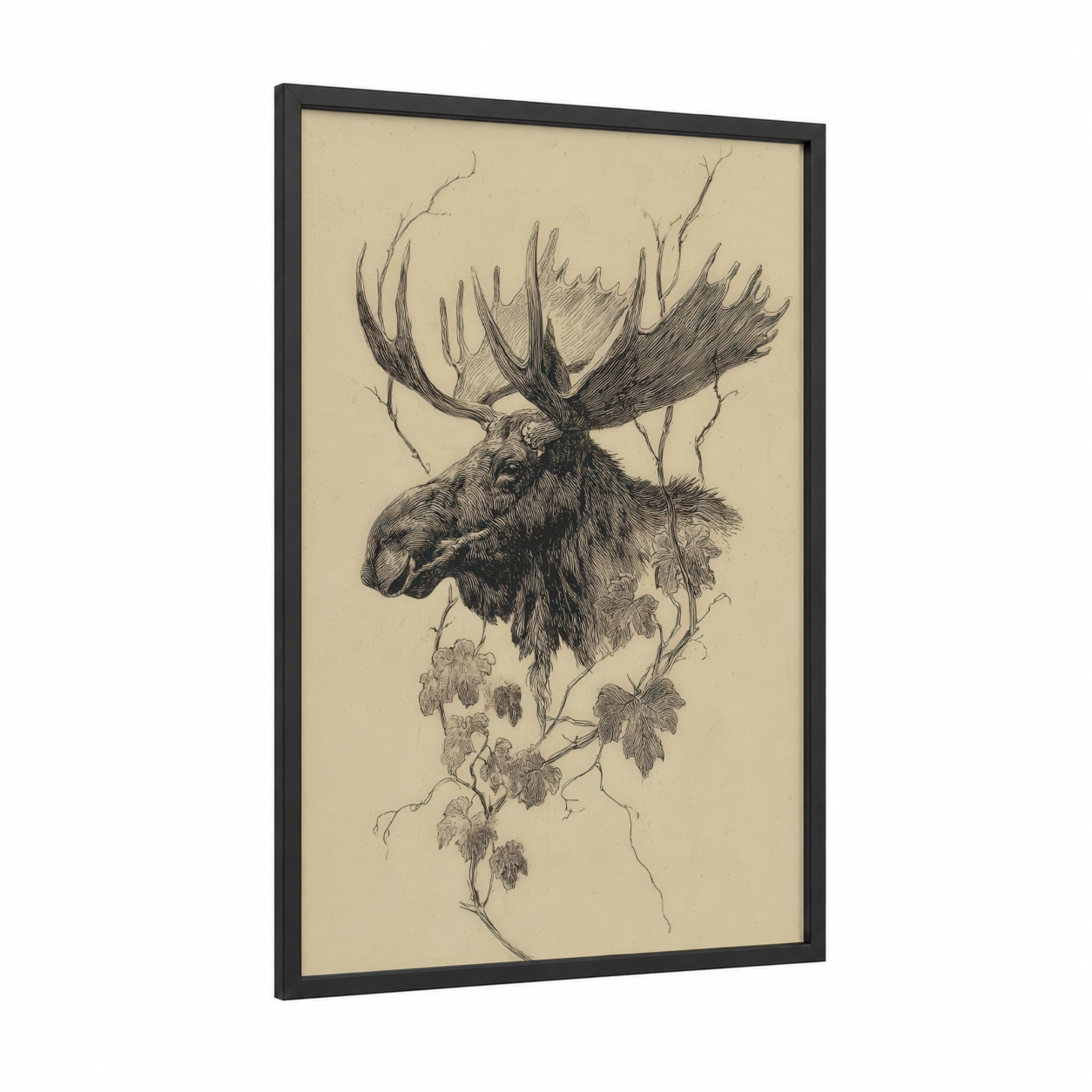 Majestic Moose framed art print — black wood frame — black and white and cream palette